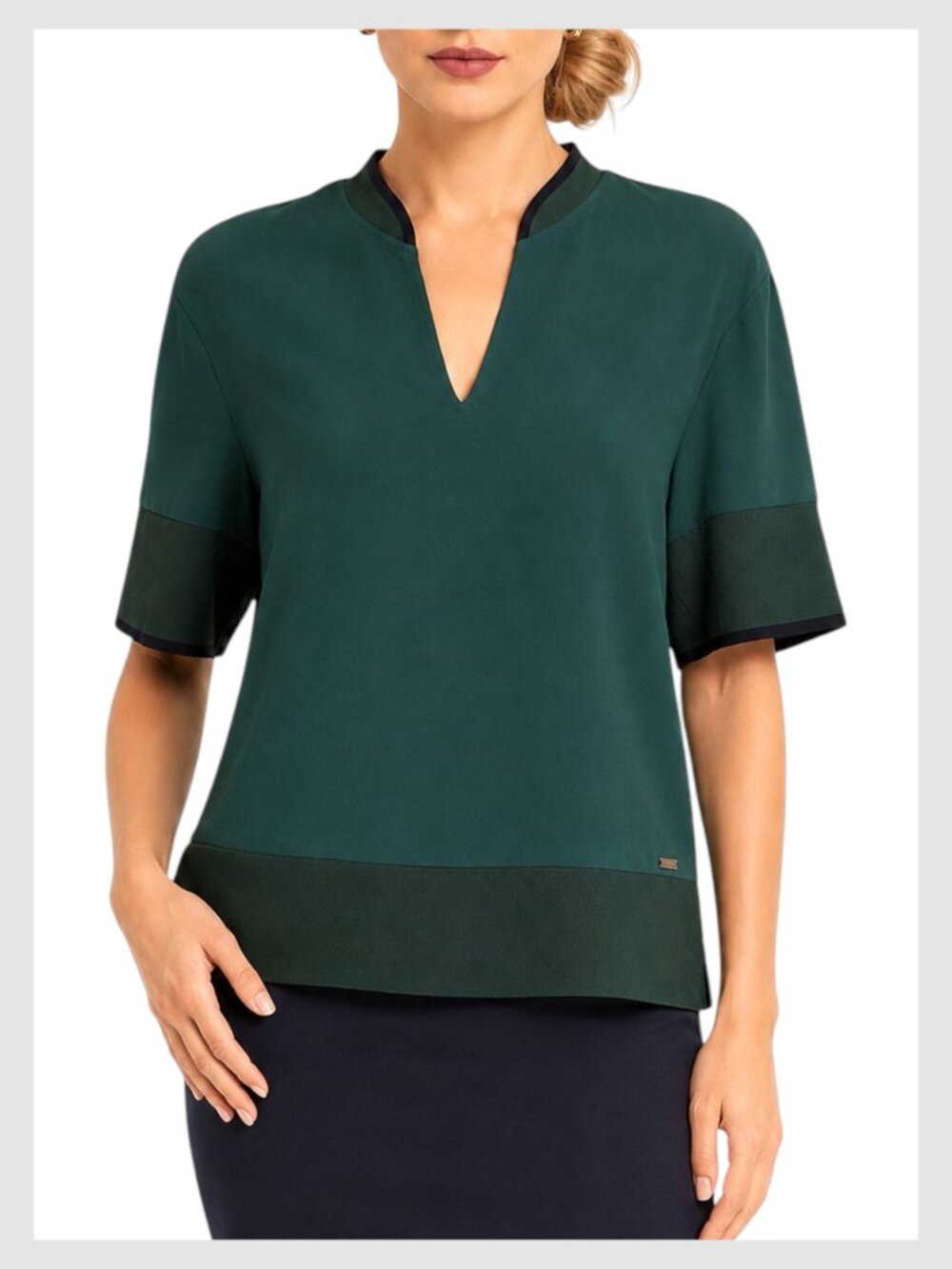 Ted Baker Split Neck Top Green Contrast Trim Short Sleeve Size 1 US 4 S